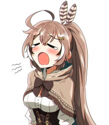1girl ahoge brown_capelet brown_hair capelet closed_eyes ddolbang feather_hair_ornament feathers hair_ornament hairpin highres hololive hololive_english long_hair multicolored_hair nanashi_mumei nanashi_mumei_(1st_costume) open_mouth shirt solo streaked_hair very_long_hair virtual_youtuber white_background white_hair white_shirt