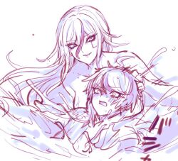 1boy 1girl ahoge blush breasts collarbone eyelashes greyscale hair_between_eyes large_breasts messy_hair monochrome multicolored_hair open_mouth simple_background sketch smile streaked_hair sumino_takumi sweat sweatdrop the_hundred_line_-last_defense_academy- topless_female upper_body v&#039;ehxness water white_background