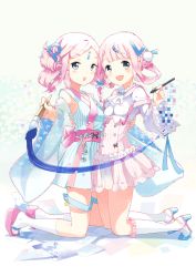 2girls :d :o arm_around_waist art_brush blue_eyes bobby_socks braid clog_sandals detached_sleeves hair_ornament hair_rings hairclip highres japanese_clothes kneehighs kneeling long_sleeves looking_at_viewer multiple_girls okobo open_mouth original paintbrush pink_hair pixiv pixiv-tan platform_sandals sandals smile socks strap_slip stylus tiv white_legwear