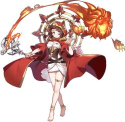 1girl anklet ark_order artist_request bare_legs barefoot belt black_belt blush bracelet breasts brown_hair brown_leotard coat expressionless gem halo holding holding_staff hood hood_up hooded_coat jewelry large_breasts leotard long_sleeves looking_at_viewer official_art pencil_skirt red_coat red_eyes skirt solo staff tachi-e thighlet transparent_background virupaksa_(ark_order) wheel white_skirt