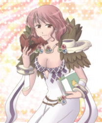 1girl argyle_clothes argyle_dress belt book breasts brown_belt brown_eyes cleavage closed_mouth commentary_request cowboy_shot dated_commentary detached_sleeves dress fur_collar holding holding_book holding_mask large_breasts looking_at_viewer mask medium_hair pink_hair ragnarok_online sharari sleeveless sleeveless_dress smile solo sorcerer_(ragnarok_online) star_(symbol) unworn_mask white_dress white_sleeves yellow_background