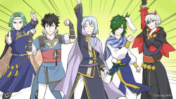 5boys ^_^ absurdres arm_up black_gloves black_hair blue_scarf cape circlet clenched_hand closed_eyes closed_mouth commentary_request emphasis_lines eyepatch fake_horns fire_emblem fire_emblem:_genealogy_of_the_holy_war fire_emblem:_the_blazing_blade fire_emblem:_three_houses fire_emblem_awakening fire_emblem_fates fire_emblem_heroes gloves gradient_background green_background green_eyes green_hair hair_over_one_eye highres horns lewyn_(fire_emblem) lon&#039;qu_(fire_emblem) medium_hair midori_no_baku multiple_boys niles_(fire_emblem) nintendo pent_(fire_emblem) purple_cape scarf seteth_(fire_emblem) short_hair simple_background smile teeth two-tone_background two-tone_scarf white_background white_scarf