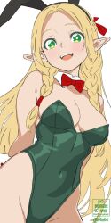 1girl animal_ears arms_behind_back bare_shoulders blonde_hair bow bowtie braided_twintails breasts covered_navel detached_collar dungeon_meshi fake_animal_ears green_eyes green_leotard highres leotard long_hair looking_at_viewer low_twintails marcille_donato medium_breasts open_mouth pointy_ears rabbit_ears red_bow red_bowtie red_ribbon ribbon solo standing teeth twintails upper_teeth_only very_long_hair white_background xel4