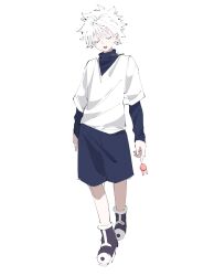 1boy blue_shorts boots closed_eyes full_body highres holding hunter_x_hunter killua_zoldyck layered_sleeves long_sleeves male_focus open_mouth sakka47 shirt short_hair short_over_long_sleeves short_sleeves shorts simple_background solo t-shirt teeth turtleneck upper_teeth_only v-neck white_background white_hair white_shirt