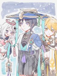 1girl 2boys :d aether_(genshin_impact) ahoge aqua_gemstone armor arms_at_sides belt black_belt black_bodysuit black_bow black_bridal_gauntlets black_gauntlets black_hair black_pants black_scarf black_shirt black_shorts blonde_hair blue_cape blue_hat blue_sleeves blunt_ends blush bodysuit bow bridal_gauntlets bright_pupils cape closed_mouth covered_collarbone cropped_shirt diamond_hair_ornament drooling eyeliner eyeshadow feathers furisode gem genshin_impact gnsn_tera gold gold_belt gold_ring gold_trim hair_between_eyes hakama hakama_shorts halo hat highres hip_vent japanese_armor japanese_clothes jingasa kimono kote kurokote layered_sleeves long_sleeves looking_at_object looking_to_the_side makeup mandarin_collar mechanical_halo middle_ring midriff mouth_drool multiple_boys navel open_mouth paimon_(genshin_impact) pants pink_halo pleated_shorts pom_pom_(clothes) purple_eyes purple_rope purple_sash red_eyeliner red_eyeshadow romper rope sash scaramouche_(genshin_impact) scarf shirt short_hair short_hair_with_long_locks short_sleeves shorts sidelocks simple_background single_thighhigh sky smile star_(sky) starry_sky tanabata tanzaku tassel thighhighs tongue tongue_out tsurime twitter_username tying unamused vision_(genshin_impact) wanderer_(genshin_impact) white_hair white_pupils white_romper white_scarf white_sleeves white_thighhighs wispy_bangs yellow_eyes yellow_feathers