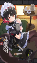 1girl absurdres black_hair blush breasts candy colored_inner_hair commentary crossed_legs cup ellen_joe english_commentary fins fish_tail food frilled_wristband hair_ornament hairband highres holding holding_candy holding_food holding_lollipop indoors knbd lollipop looking_at_viewer maid maid_headdress medium_breasts metal_hairband mole mole_under_eye multicolored_hair pantyhose red_eyes red_hair red_nails scar scar_on_tail shark_girl shark_tail short_hair sitting solo spiked_headband tail teacup teapot two-tone_hair zenless_zone_zero