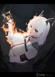1girl absurdres arm_up armband black_armband black_choker black_gloves black_horns black_jacket black_pants character_name chest_harness choker collared_shirt commentary curled_horns fire from_side gloves grey_hair hair_between_eyes hand_up harness highres horns i_bucket jacket jacket_on_shoulders letterboxed long_hair necktie pants parted_lips red_eyes red_necktie shirt shirt_tucked_in solo white_shirt wuthering_waves zani_(wuthering_waves)