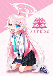 1girl :d abydos_high_school_logo ahoge black_gloves black_shoes black_skirt blue_archive blue_eyes blue_necktie chest_harness collared_shirt commentary_request fingerless_gloves gloves hair_between_eyes halo harness heterochromia hoshino_(blue_archive) long_hair necktie open_mouth pink_hair pink_halo pink_theme plaid_clothes plaid_skirt school_uniform shirt shoelaces shoes skirt smile socks solo tongue very_long_hair white_shirt white_socks yellow_eyes yobi_(yobiyobi4)