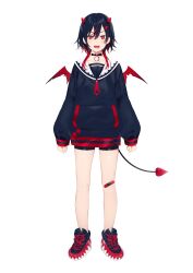 Rule 34 | 1girl, absurdres, achiki, achiki (vtuber), bandaid, bandaid on knee, bandaid on leg, bike shorts, black shirt, collarbone, double-parted bangs, full body, hair between eyes, heart, heart tail, highres, horns, indie virtual youtuber, multicolored hair, open mouth, pendant choker, red eyes, red horns, red wings, sailor collar, sharp teeth, shirt, shoes, simple background, sleeves past wrists, small horns, sneakers, solo, streaked hair, tail, teeth, torn wings, two-tone hair, virtual youtuber, white background, wings, wolf cut