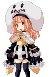 Rule 34 | 1girl, arch bishop (ragnarok online), black dress, black thighhighs, blunt bangs, braid, capelet, commentary request, cross, dress, feet out of frame, half up braid, hat, long hair, looking at viewer, meiko (nattu303), open mouth, pink hair, ragnarok online, red eyes, sash, simple background, solo, standing, thighhighs, white background, white capelet, white hat, yellow sash
