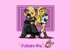 2girls artist_request ass asymmetrical_hair black_gloves black_pants black_shorts blonde_hair blush_stickers breasts center_opening cleavage collarbone creatures_(company) crossover cynthia_(pokemon) digimon digimon_story:_cyber_sleuth eyewear_on_head female_focus frown full_body fur fur_trim game_freak gloves grey_eyes hair_ornament hair_over_one_eye high_heels hip_focus indoors jewelry knees koromon kuremi_kyouko legs long_coat long_hair looking_at_viewer looking_back medium_breasts multiple_girls necklace nintendo no_bra pants pink_background pixel_art poke_ball pokemon pokemon_dppt scarf shiny_skin shirt shoes short_shorts shorts smile standing sunglasses swept_bangs very_long_hair white_shirt window_blinds