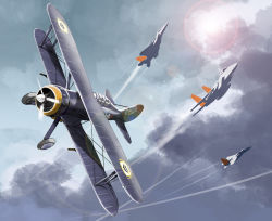 aircraft airplane biplane claudia_bruford cloud contrail f-15 f-15_eagle fighter_jet flying lens_flare matsuda_juukou military military_vehicle no_humans propeller senyoku_no_sigrdrifa sun vehicle_focus