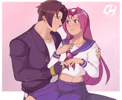 1boy 1girl asamiya_athena brown_hair charlyarts jewelry kusanagi_kyou pink_hair psycho_soldier ring snk the_king_of_fighters the_king_of_fighters_xii the_king_of_fighters_xiii