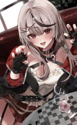 Rule 34 | 1girl, absurdres, alcohol, black collar, black hair, blush, breasts, camisole, cleavage, collar, cup, drinking glass, fingerless gloves, frilled camisole, frills, gloves, grey hair, hair ornament, heart collar, heart pendant, highres, hololive, large breasts, looking at viewer, medium hair, multicolored hair, off-shoulder jacket, off shoulder, open mouth, oreazu, pendant collar, red eyes, red nails, sakamata chloe, solo, streaked hair, virtual youtuber, white camisole, wine, wine glass, x hair ornament