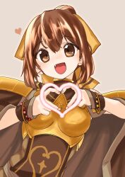 Rule 34 | 1girl, :d, armor, breastplate, brown cape, brown eyes, brown hair, cape, commentary request, delthea (fire emblem), fang, fire emblem, fire emblem echoes: shadows of valentia, hair between eyes, hair ribbon, heart, heart hands, highres, looking at viewer, nintendo, open mouth, ribbon, shoulder armor, smile, solo, studio sugimoto, upper body, yellow ribbon