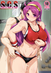 1boy 1girl ahoge asamiya_athena breasts cleavage covered_erect_nipples cum cum_on_body cum_on_lower_body curvy hetero large_breasts long_hair looking_at_viewer midriff purple_eyes purple_hair snk sports_bra sportswear sweat the_king_of_fighters thong yukitaka