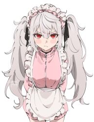 1girl apron blush closed_mouth cowboy_shot fang genderswap genderswap_(mtf) grey_hair hair_ribbon highres jacket jersey_maid kuzuha_(nijisanji) long_hair looking_at_viewer maid maid_headdress mole mole_under_eye nijisanji pink_jacket pink_shorts red_eyes ribbon sanya_(kuzuha) shorts simple_background sketch solo standing track_jacket twintails umapote unconventional_maid v-shaped_eyebrows virtual_youtuber waist_apron white_background
