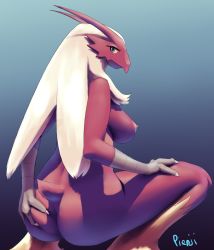 1girl artist_name ass ass_grab bird blaziken blue_eyes breasts claws eyelashes female_focus furry furry_female gen_3_pokemon large_breasts long_hair looking_back nintendo nipples nude pienji pokemon pokemon_(creature) simple_background solo squatting tail white_hair
