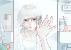 Rule 34 | 1girl, ajomo, bottle, bra, collarbone, crying, crying with eyes open, cup, flat chest, grey eyes, grey hair, hair between eyes, hand on mirror, jewelry, looking at mirror, looking at viewer, mirror, necklace, original, pill bottle, reflection, short hair, single bare shoulder, solo, spray bottle, tears, toothbrush, toothpaste, towel, towel around neck, underwear, upper body, white bra