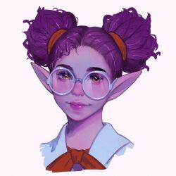 1girl brown_eyes colored_skin commentary double_bun evelyn glasses hair_bun highres jina_(palia) looking_at_viewer palia pointy_ears portrait purple_hair purple_skin round_eyewear simple_background smile solo white-framed_eyewear white_background