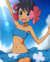 Rule 34 | 1girl, bandeau, bare shoulders, black hair, blue bandeau, blue eyes, blue sarong, blue sky, blush, breasts, clothes lift, cloud, dark-skinned female, dark skin, day, flower, flying sweatdrops, hair flower, hair ornament, highres, kaimu (qewcon), lens flare, light rays, looking ahead, navel, nintendo, open mouth, outstretched arm, phoebe (pokemon), pokemon, pokemon rse, print sarong, sarong, sarong lift, short hair, sky, small breasts, smile, stomach, strapless, sun, sunbeam, sunlight, sweat, team aqua, tube top, very sweaty