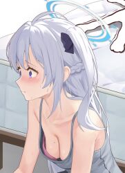 1boy 1girl alternate_costume armpit_crease bed black_bow black_shorts blue_archive blue_eyes blue_halo blush bow bra braid breasts cleavage closed_mouth collarbone commentary_request doodle_sensei_(blue_archive) downblouse eyelashes grey_tank_top hair_bow half_up_braid halo highres long_hair looking_ahead medium_breasts miyako_(blue_archive) mole mole_on_breast monmo_mu motion_lines nose_blush pink_bra raised_inner_eyebrows sensei_(blue_archive) shorts sidelocks sitting solo_focus straight_hair sweat tank_top trembling underwear upper_body white_hair
