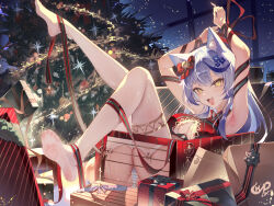 absurdres animal_ears bound cat_ears chahu_pao christmas_tree garter_straps highres panties ribbon ribbon_bondage striped_clothes striped_panties thighhighs underwear