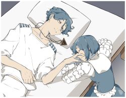 Rule 34 | 1boy, 1girl, absurdres, bed, blue hair, breasts, closed eyes, collared shirt, commentary request, crying, frilled shirt, frills, fukurai azami, hand on another&#039;s face, highres, kisaragi ayumi, looking at another, lying, nogizi, on back, on bed, pants, pillow, shirt, short hair, sleeping, smile, spoilers, tears, toshi densetsu kaitai center, triangle necklace, upper body, white pants, white shirt, wiping tears, yellow eyes