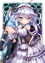 1girl ahoge bare_shoulders blue_eyes dress earrings emil_chronicle_online frilled_dress frills highres holding holding_cannon holding_weapon huge_weapon jewelry maid_headdress mecha_musume mitama_aria weapon white_dress white_hair yupi828