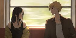 1boy 1girl absurdres black_eyes black_hair black_tank_top brown_jacket chainsaw_man closed_mouth commentary denji_(chainsaw_man) english_commentary highres jacket kumah_dessu long_hair mitaka_asa shirt short_hair sitting tank_top train_interior white_shirt window yellow_jacket
