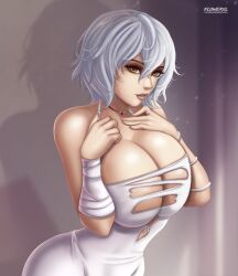 1girl absurdres breasts cleavage code_vein curvy dress female_focus flowerxl hands_on_own_chest highres io_(code_vein) large_breasts looking_at_viewer smile solo solo_focus upper_body white_dress white_hair yellow_eyes