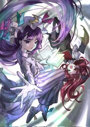 Rule 34 | aokihatoba 01, bat wings, bow, commentary request, corrupted twitter file, crescent, crescent hat ornament, dress, hair bow, hat, hat ornament, head wings, highres, koakuma, light particles, long hair, long sleeves, mob cap, moon hat ornament, multiple wings, patchouli knowledge, purple dress, purple hair, red hair, striped clothes, striped dress, touhou, vertical-striped clothes, vertical-striped dress, white hat, wings