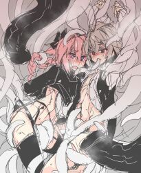 2boys androgynous astolfo_(fate) black_bow black_sweater black_thighhighs blush bow braid fate/apocrypha fate_(series) hair_bow haoro jacket long_hair male_focus multicolored_hair multiple_boys open_clothes open_jacket pink_hair purple_eyes red_eyes single_braid smile streaked_hair sweater tentacle_sex tentacles thighhighs trap very_long_hair zettai_ryouiki