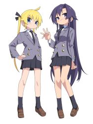 Rule 34 | 2girls, black necktie, black skirt, black socks, blonde hair, blue eyes, breasts, brown footwear, closed mouth, collared shirt, flat chest, full body, goshiki agiri, grey jacket, hair ribbon, hands on own hips, highres, jacket, kill me baby, loafers, long hair, long sleeves, looking at viewer, medium breasts, multiple girls, necktie, pleated skirt, purple eyes, purple hair, ribbon, school uniform, shirt, shoes, simple background, skirt, smile, socks, sonya (kill me baby), standing, twintails, very long hair, white background, white shirt, yachima tana