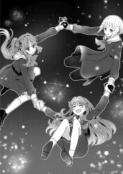 Rule 34 | 3girls, :d, :o, ^ ^, absurdres, bob cut, closed eyes, commentary request, constellation, dress, floating hair, flower, fujishima megumi, full body, gloves, greyscale, hair bun, hair flower, hair intakes, hair ornament, half gloves, hasu no sora school uniform, highres, holding hands, inverted bob, link! like! love live!, loafers, long hair, love live!, medium dress, monochrome, multiple girls, neckerchief, open mouth, otomune kozue, outline, pantyhose, pleated dress, sailor collar, school uniform, shoes, short hair, side ponytail, single side bun, smile, socks, star (sky), star (symbol), star hair ornament, two side up, virtual youtuber, watage modoki, white outline, winter uniform, yugiri tsuzuri