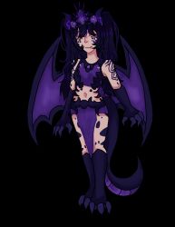 1girl animal_feet animal_hands black_hair crown dragon_girl dragon_horns dragon_tail dragon_wings highres horns loincloth long_hair non-web_source original purple_crown purple_hair purple_loincloth purple_tail purple_wings scales tail tattoo tribal_tattoo wings