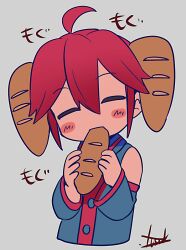 1girl ahoge black_shirt black_sleeves blush bread closed_eyes collared_shirt detached_sleeves double-parted_bangs drill_hair eating food food-themed_hair hair_between_eyes kasane_teto kasane_teto_(utau) long_sleeves red_hair red_trim shirt signature solo twin_drills upper_body utau white_background yuusuke-kun