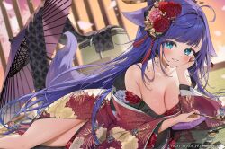 1girl absurdres ahoge animal_ear_fluff animal_ears architecture blue_eyes blurry blurry_background blush breasts cleavage copyright_notice east_asian_architecture extra_ears falling_petals first_stage_production floppy_ears floral_print floral_print_kimono fox_ears fox_girl fox_tail hair_intakes highres himemiya_honoka_(ichipro) holding holding_smoking_pipe itohana japanese_clothes kimono large_breasts long_hair looking_at_viewer off_shoulder official_art oil-paper_umbrella petals pink_petals print_kimono purple_hair red_kimono smile smoking_pipe solo tail thighs umbrella virtual_youtuber