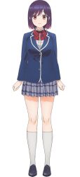 1girl blazer blue_jacket bow bowtie clenched_hands closed_mouth collared_shirt diagonal-striped_bow diagonal-striped_bowtie diagonal-striped_clothes full_body grey_skirt ishihara_yukari jacket kneehighs loafers looking_at_viewer miniskirt mole mole_under_eye official_art pink_eyes plaid_clothes plaid_skirt pleated_skirt purple_hair red_bow red_bowtie school_uniform shade shirt shoes short_hair simple_background skirt smile socks solo standing striped_clothes swept_bangs tachi-e transparent_background watari-kun_no_xx_ga_houkai_sunzen white_shirt white_socks