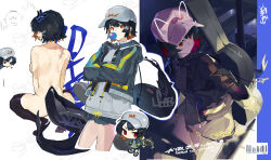 1girl absurdres baseball_cap black_hair black_hoodie black_jacket black_skirt black_thighhighs blowing_bubble_gum chibi colored_inner_hair crossed_arms ellen_joe fins fish_tail gohanduck guitar_case hairband hat highres hood hooded_jacket hoodie instrument_case jacket metal_hairband miniskirt multicolored_hair nude open_clothes open_jacket red_eyes scar scar_on_back shark_girl shark_tail short_hair skirt spiked_headband tail thighhighs zenless_zone_zero