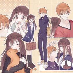 Rule 34 | 1boy, 1girl, animal, baby (demotsu), bag, black jacket, black pants, black socks, blue shirt, blue skirt, blush, brown bag, brown eyes, brown footwear, brown hair, cat, closed eyes, closed mouth, couple, fruits basket, hair between eyes, hair ribbon, half updo, hands on own cheeks, hands on own face, height difference, hetero, highres, holding, holding animal, holding bag, holding cat, honda tohru, jacket, loafers, long hair, open mouth, orange eyes, orange fur, orange hair, orange shoes, pants, pink ribbon, puffy short sleeves, puffy sleeves, red shirt, ribbon, sailor collar, school uniform, shirt, shoes, short hair, short sleeves, skirt, smile, sneakers, socks, sohma kyou, tiptoes, twintails, v-neck, wavy mouth, white sailor collar, yellow ribbon