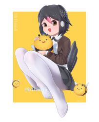 1girl bee beleven bird_girl bird_tail bird_wings black_hair bow bowtie brown_eyes bug feathered_wings full_body greater_honeyguide_(kemono_friends) head_wings highres insect jacket kemono_friends kemono_friends_3 looking_at_viewer pantyhose shirt short_hair simple_background skirt tail wings yellow_background