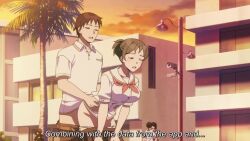 3boys 3girls animated anime_screenshot bouncing_breasts breasts brown_hair closed_eyes clothes_pull doggystyle english_text highres large_breasts multiple_boys multiple_girls no_panties nukigee_mitai_na_shima_ni_sunderu_watashi_wa_dou_surya_ii_desu_ka? outdoors panties pants pants_pull panty_pull public_indecency school_uniform sex sex_from_behind shirt skirt skirt_down skirt_pull sound standing standing_sex tagme torso_grab underwear video white_shirt
