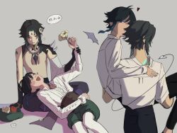2boys aji_11300913 arm_tattoo back_tattoo black_gloves black_hair black_pants blue_eyes blue_hair blush braided_sidelocks carrying carrying_person closed_eyes closed_mouth commentary cowboy_shot demon_tail demon_wings feet_out_of_frame flower full_body genshin_impact gloves green_hair green_shorts grey_background hair_flower hair_ornament hand_on_another&#039;s_back hashtag-only_commentary hat heart highres holding holding_another&#039;s_arm holding_flower looking_at_viewer lying lying_on_person male_focus medium_hair multicolored_hair multiple_boys navel on_back open_mouth orange_eyes pants pantyhose parted_lips princess_carry shirt shorts sidelocks sitting smile standing sweatdrop tail tattoo topless_male two-tone_hair unworn_hat unworn_headwear venti_(genshin_impact) white_pantyhose white_shirt wings xiao_(genshin_impact)