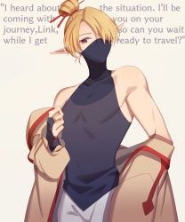 1boy blonde_hair english_text genderswap genderswap_(ftm) hair_bun hair_over_one_eye male_focus mask miri_(cherryjelly) mouth_mask nintendo pointy_ears sheik single_hair_bun solo the_legend_of_zelda