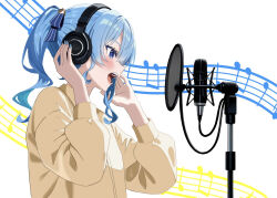 Rule 34 | 1girl, blue eyes, blue hair, blue nails, blue ribbon, facing to the side, from side, hair ribbon, headphones, hololive, hoshimachi suisei, looking ahead, microphone, music, musical note, musical staff, open mouth, ponytail, pop filter, ribbon, silent armor, simple background, singing, solo, star (symbol), star in eye, sweater, symbol in eye, upper body, virtual youtuber, white background, yellow sweater