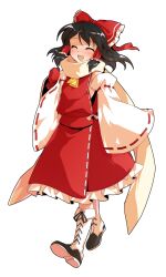 1girl alphes_(style) ascot black_hair blush boots bow closed_eyes commentary_request dairi detached_sleeves facing_viewer frilled_bow frilled_skirt frills full_body gloves hair_bow hair_tubes hakurei_reimu highres japanese_clothes lace-up_boots large_variant_set long_hair long_sleeves nontraditional_miko open_mouth parody red_bow red_gloves red_shirt red_skirt ribbon-trimmed_sleeves ribbon_trim scarf shirt sidelocks skirt skirt_set sleeveless sleeveless_shirt smile solo style_parody tachi-e touhou transparent_background variant_set white_boots wide_sleeves