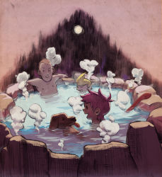 1girl 2boys bath blonde_hair boney brown_hair chest_hair closed_eyes dog duster_(mother) facial_hair highres kumatora lucas_(mother_3) mixed-sex_bathing moon mother_(series) mother_3 multiple_boys mustache nintendo onsen partially_submerged pink_hair rock rope_snake shared_bathing smile snake steam tongue tongue_out water yossra