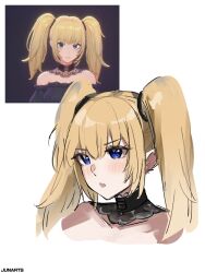 1girl :o ani_(xai) artist_name black_choker blonde_hair blue_eyes blush choker hashtag-only_commentary highres junarts open_mouth screenshot_inset solo twintails upper_body white_background xai_(company)