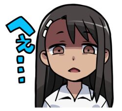 1girl 774_(nanashi) black_hair brown_eyes collared_shirt ijiranaide_nagatoro-san long_hair looking_at_viewer lowres nagatoro_hayase open_mouth shirt simple_background solo tan upper_body white_background white_shirt
